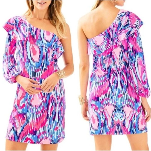 NWT Lilly Pulitzer Amante Silk Jersey One Shoulder Dress in Free Spirit Sz M - Picture 1 of 7